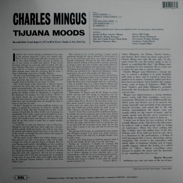 Image of Back Cover of 4834083E: LP - CHARLES MINGUS, Tijuana Moods (DOL; DOL790HB, Europe 2021 Reissue, 180 Gram Blue Vinyl)   NEW/NEW