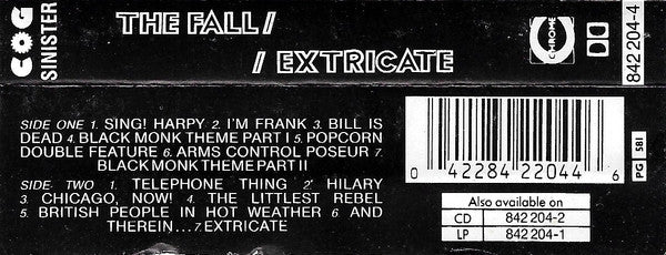 Image of Back Cover of Cassette - VG+/VG+ - THE FALL, Extricate (Cog Sinister; 842 204-4, UK 1990, J-Card), ,  - 3116447C