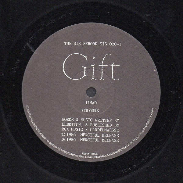 Image of Label Cover of 4925219E: LP - THE SISTERHOOD, Gift (Merciful Release; SIS 020, UK 1986, No "Made in England" On Spine, No Barcode) Edge and Ring Wear  VG/VG+