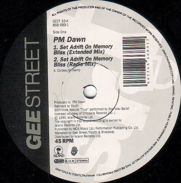 Image of Label Cover of 12" - VG+/VG - P.M. DAWN, Set Adrift On Memory Bliss (Gee Street ; GEET33, Europe 1991, Picture Sleeve), Strong VG, light hairlines only,  - 4216117C