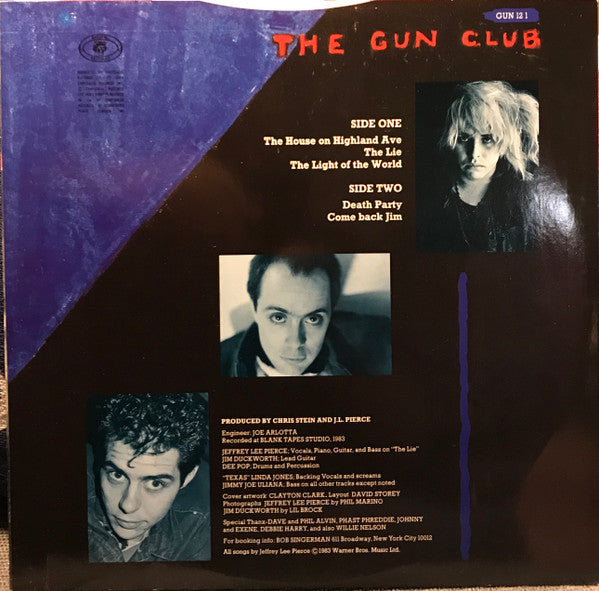 Image of Back Cover of 12" - VG/G+ - THE GUN CLUB, Death Party (Animal Records; GUN 12 1, UK 1983, Picture Sleeve), Hairlines all over disc, a few feelable marks. Creasing, edge wear. Stickered sleeve.,  - 3426150E