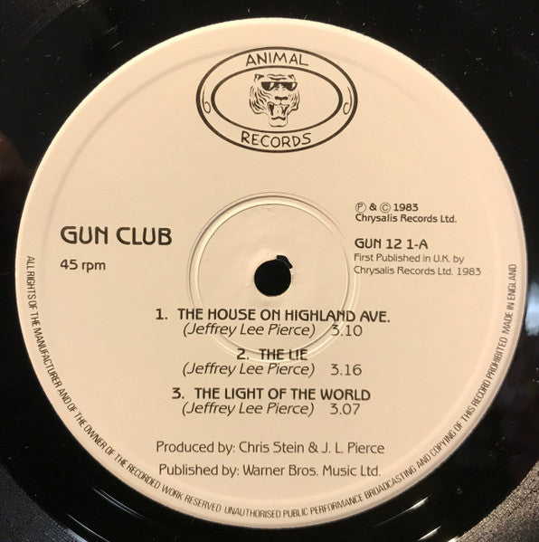Image of Label Cover of 12" - VG/G+ - THE GUN CLUB, Death Party (Animal Records; GUN 12 1, UK 1983, Picture Sleeve), Hairlines all over disc, a few feelable marks. Creasing, edge wear. Stickered sleeve.,  - 3426150E