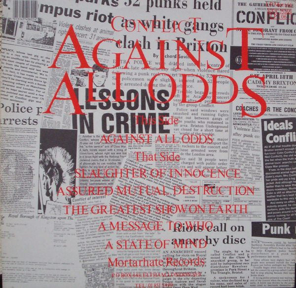 Image of Back Cover of 0426369E: LP - CONFLICT, Against All Odds (Mortarhate Records; LP MORT 60, UK & Europe 1989, Gatefold, Inner) Strong VG  VG/VG