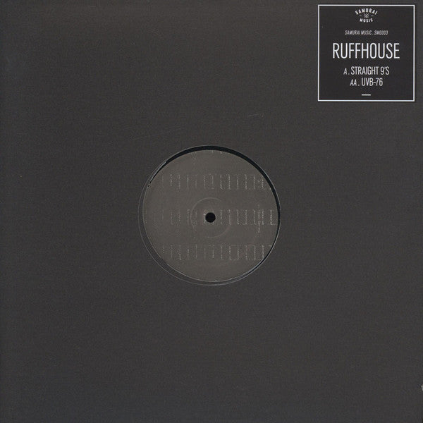 Image of Front Cover of 3514240C: 12" - RUFFHOUSE, Straight 9's / UVB-76 (Samurai Music; SMG003, UK 2020, Stickered Plain Black Sleeve, White / Clear Marbled Vinyl)   VG+/EX