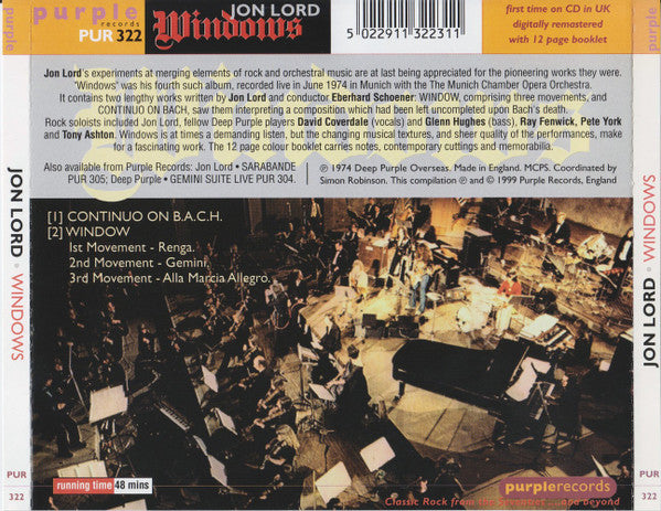 Image of Back Cover of 4833204E: CD - JON LORD, Windows (Purple Records; PUR 322, UK 1999, Jewel Case, Booklet)   VG+/VG+