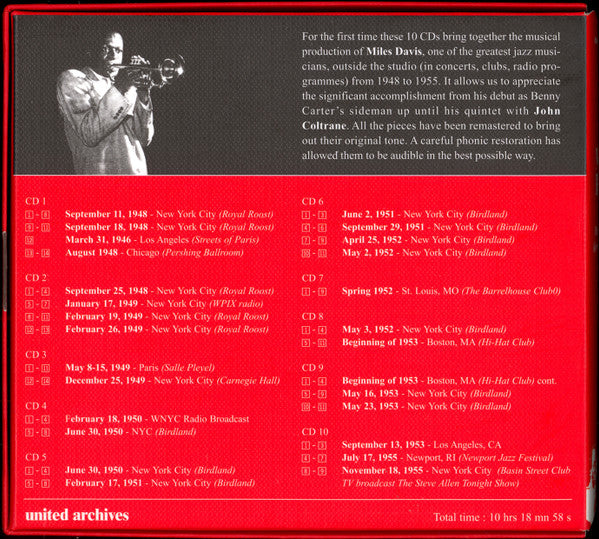 Image of Back Cover of CD - VG+/VG+ - MILES DAVIS, The Complete Live Recordings 1948-1955 (United Archives; UAR503.10, Europe 2006, Box Set, Booklet), ,  - 2836043E