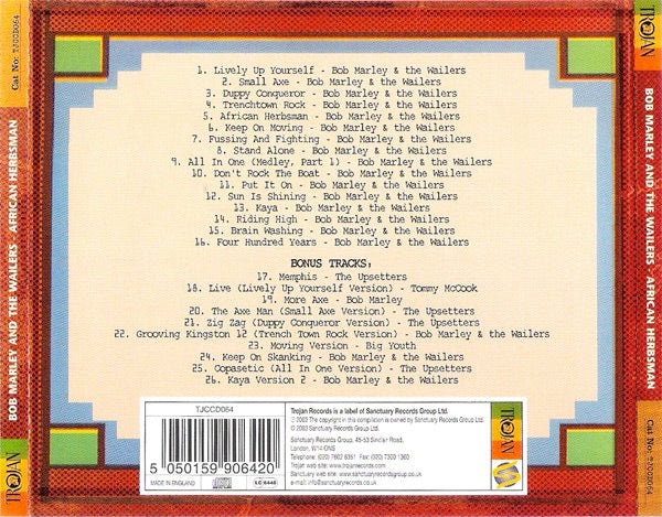 Image of Back Cover of CD - VG+/VG+ - BOB MARLEY AND THE WAILERS*, African Herbsman (Trojan Records; TJCCD064, UK ), ,  - 1116379C