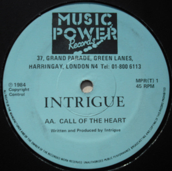 Image of Back Cover of 12" - /VG - INTRIGUE, No Turning Back / Call Of The Heart (Music Power Records (Turquoise Labels); MPR(T) 1, UK 1984, IDS Company Sleeve), Couple hairline marks only, plays VG+. Writing on label., Issued in a variety of different colour label backgrounds but all using the exact same disc.Copies issued in either a Music Power company sleeve, or IDS Distribution sleeve. - 4246147S