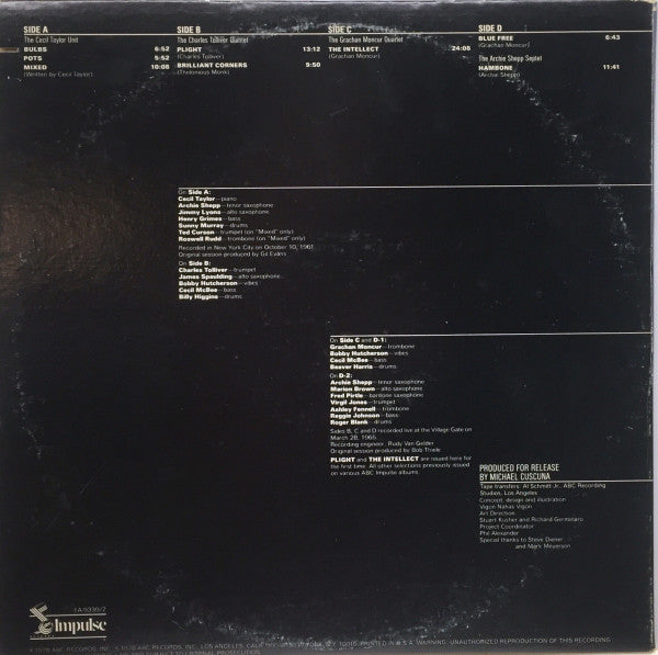 Image of Back Cover of 2xLP - VG/VG - CECIL TAYLOR / CHARLES TOLLIVER / GRACHAN MONCUR / ARCHIE SHEPP, The New Breed (ABC Impulse!; IA-9339/2, US 1978, Gatefold, Insert, MCA Impulse Orange Label), disc 1 is VG, Disc 2 is VG+. Sleeve has ringwear, export stickers.,  - 3926376E