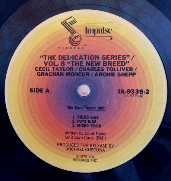 Image of Label Cover of 2xLP - VG/VG - CECIL TAYLOR / CHARLES TOLLIVER / GRACHAN MONCUR / ARCHIE SHEPP, The New Breed (ABC Impulse!; IA-9339/2, US 1978, Gatefold, Insert, MCA Impulse Orange Label), disc 1 is VG, Disc 2 is VG+. Sleeve has ringwear, export stickers.,  - 3926376E