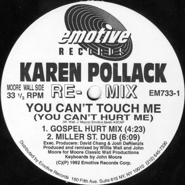 Image of Back Cover of 12" - VG+/VG+ - KAREN POLLACK, You Can't Touch Me (You Can't Hurt Me) (Remixes) (Emotive Records ; EM733-1, US 1992, Stickered Company Sleeve), ,  - 2846033S