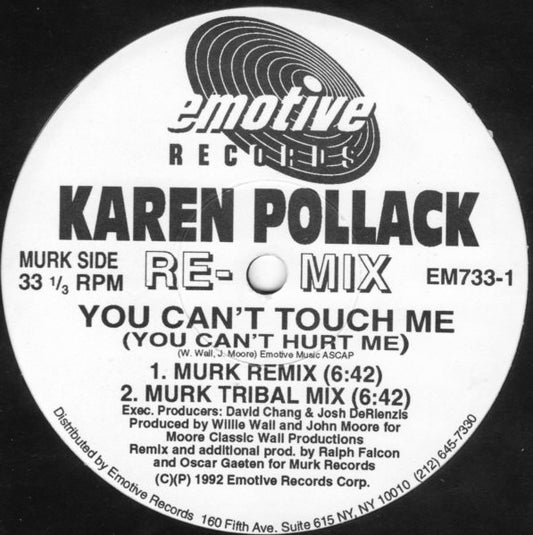 Image of Front Cover of 12" - VG+/VG+ - KAREN POLLACK, You Can't Touch Me (You Can't Hurt Me) (Remixes) (Emotive Records ; EM733-1, US 1992, Stickered Company Sleeve), ,  - 2846033S