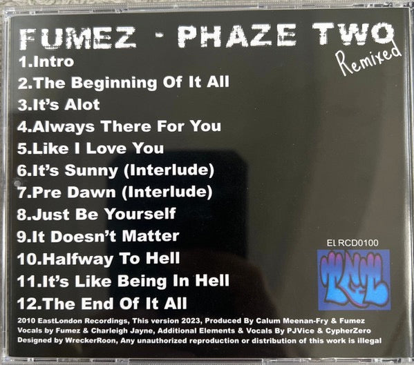 Image of Back Cover of 4933041E: CD - FUMEZ, Phaze Two Remixed (EastLondon Recordings; ELRCD0100, UK 2023, Stickered Shrinkwrap, Black CD)   EX/EX