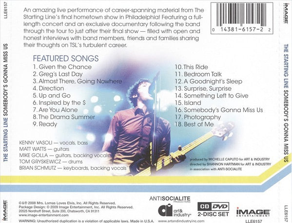 Image of Back Cover of 4913064C: 2xCD - THE STARTING LINE, Somebody's Gonna Miss Us (Image Entertainment; LLE6157, US 2009)   VG+/VG+