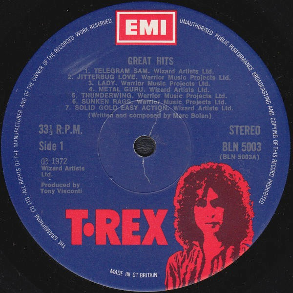 Image of Label Cover of LP - VG/G+ - T REX, Great Hits (EMI T Rex Blue and Red Label; BLN5003, UK 1973, Laminated Sleeve, No Poster), Light marks only,  - 4016108C