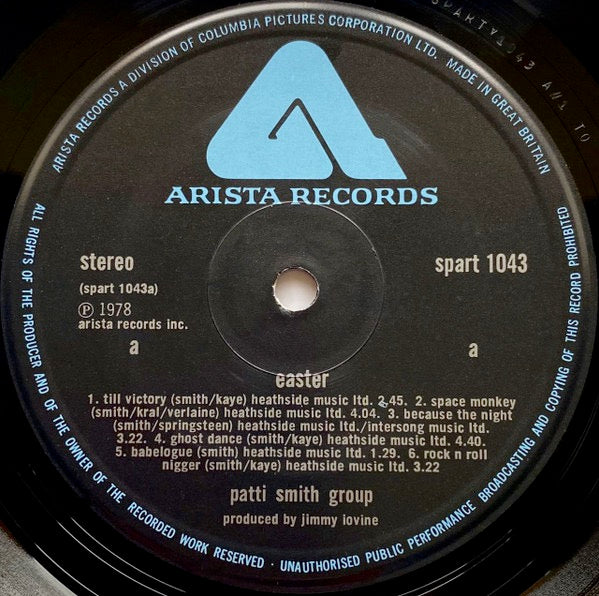 Image of Label Cover of 4614287C: LP - PATTI SMITH GROUP, Easter (Arista; SPART 1043, UK 1978, Laminated Sleeve, Insert, "easter" In Lower Case Letters On Labels.) Sleeve, Insert and inner have coffee staining  G+/VG+