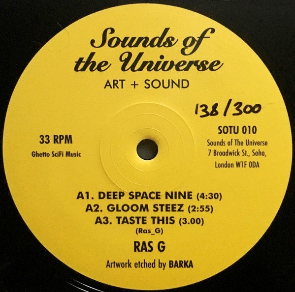 Image of Front Cover of 2624044E: 12" EP - RAS G, Deep Space Nine / Gloom Steez / Taste This (Sounds Of The Universe; SOTU 010, UK 2015, Plain Sleeve, Single Sided - Etched.  Limited to 300 copies on 180 gram vinyl. ) No number info  /VG+