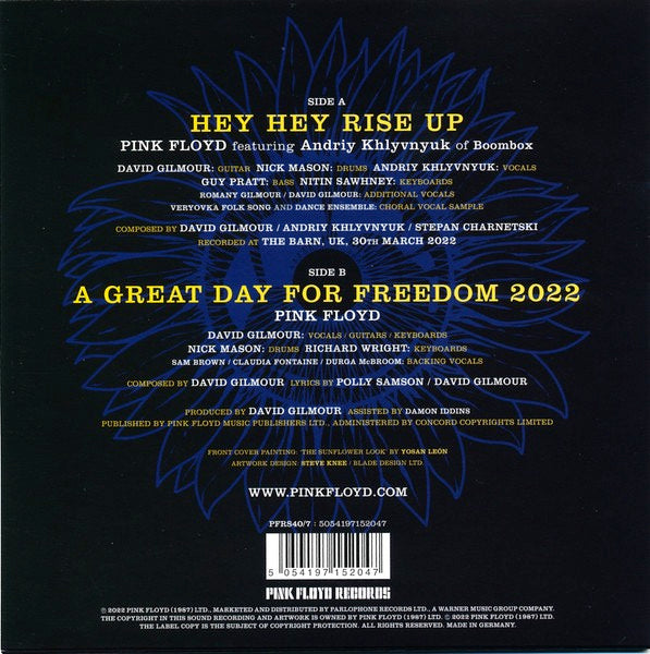 Image of Back Cover of 7" - EX/M - PINK FLOYD FEATURING ANDRIY KHLYVNYUK, Hey Hey Rise Up (Pink Floyd Records; PFRS40/7, Europe 2022, Picture Sleeve, Inner), SEALED,  - 1916325C