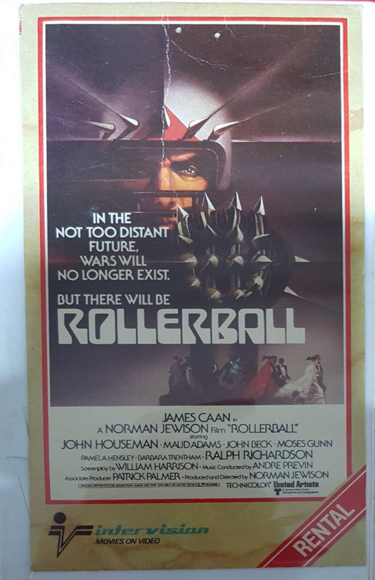 Image of Front Cover of 4953121S: VHS - NORMAN JEWISON, Rollerball (Intervision; , Europe , Ex-Rental, Pre-Cert, White Big Box, Starring James Caan, Corner cut on sleeve. VHS)   G+/G+