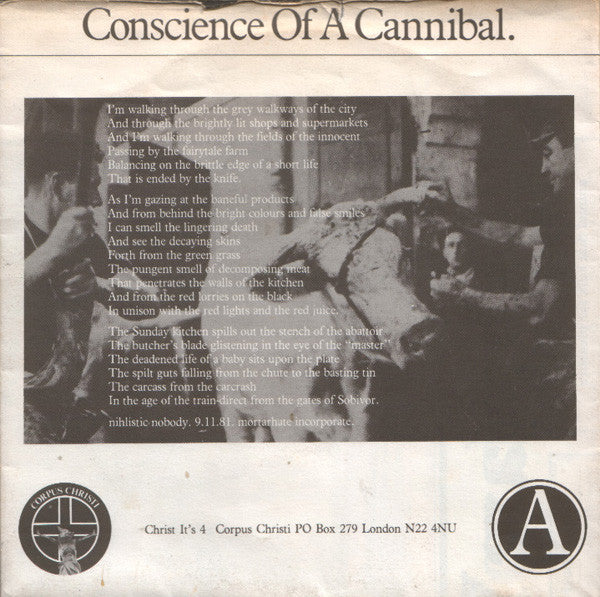 Image of Back Cover of 5213009C: 7" - CONFLICT, To A Nation Of Animal Lovers (Corpus Christi; Christ It's 4, UK 1983, Gatefold, Inverted Labels) Small sticker damage.  VG/VG