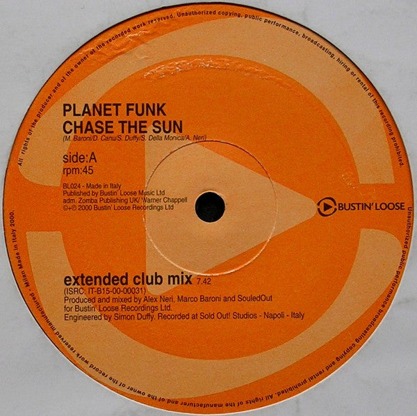 Image of Label Cover of 12" - VG/VG - PLANET FUNK, Chase The Sun (Extended Club Mix / Instrumental) (Bustin' Loose Recordings; BL024, Italy 2000, Picture Sleeve), Light marks and hairlines. Some very light fogging on A side. ,  - 2716051C