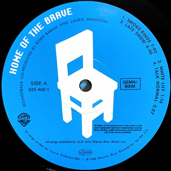 Image of Label Cover of LP - VG/VG - LAURIE ANDERSON, Home Of The Brave (Warner Bros. Records; 925 400-1, Europe 1986, Inner), Edge Wear,  - 0746223S