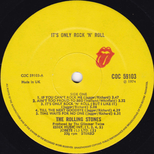 Image of Label Cover of LP - VG/G+ - THE ROLLING STONES, It's Only Rock 'N Roll (Rolling Stones Records; COC 59103, UK 1974, Inner), ,  - 2726346E