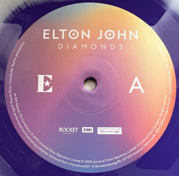 Image of Label Cover of 1744132S: LP - ELTON JOHN, Diamonds (Rocket Entertainment; 556 505-3, UK & US 2023 Reissue, Insert, Print, Purple / Cream Merge Vinyl, "Pyramid Edition")   VG+/VG+