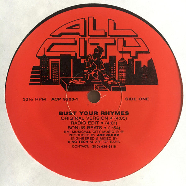 Image of Back Cover of 5023236E: LP - ALL CITY PRODUCTIONS, MYSTERME, Bust Your Rhymes / Unsolved Mysterme (All City Records; ACP 9200-1, US 1992, Stickered Plain Sleeve) Cover still in shrink.  VG+/VG+