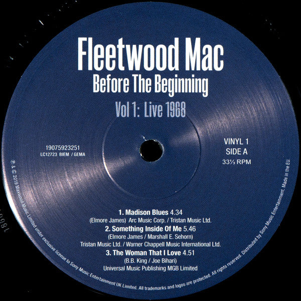 Image of Label Cover of 3xLP - VG/EX - FLEETWOOD MAC, Before The Beginning Vol 1: Live 1968 (Sony Music; 19075923251, Europe 2019, Triple Gatefold, 3 Inners, 180 Gram Vinyl), Opened Instore, Still In Stickered Shrinkwrap, Spine Rolled And Squashed,  - 2826051E