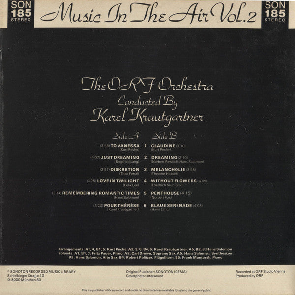 Image of Back Cover of 5023317E: LP - THE ORF ORCHESTRA CONDUCTED BY KAREL KRAUTGARTNER, Music In The Air Volume 2 (Sonoton ; SON 185, Germany 1982, Laminated Sleeve)   VG+/VG+