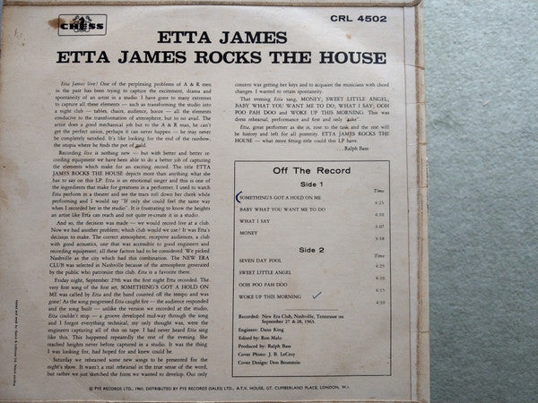 Image of Back Cover of 2014318C: LP - ETTA JAMES, Rocks The House (Chess; CRL 4502, UK 1965, Laminated Flipback Sleeve, Company Inner) Some small creases to laminate sleeve and small red mark on the back of sleeve.  VG/VG+