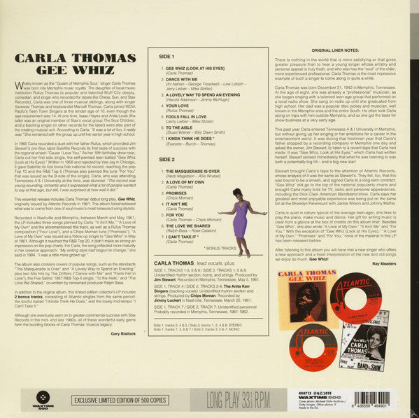 Image of Back Cover of 5153070S: LP - CARLA THOMAS, Gee Whiz (WaxTime 500; 408715, Europe 2016)   NEW/NEW