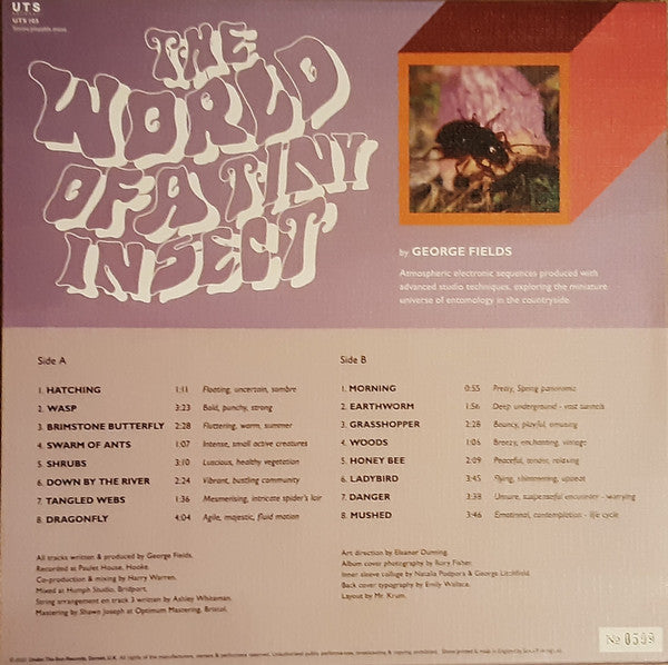 Image of Back Cover of 5143060S: LP - GEORGE FIELDS, The World Of A Tiny Insect (Under The Sun Records UTS; UTS105, UK 2020, Textured Sleeve, Inner) Includes company stickers and promo sheet. No0627  VG+/VG+