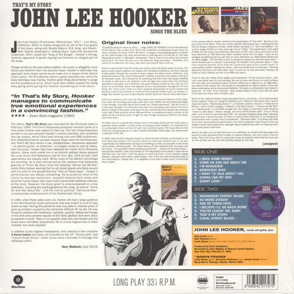 Image of Back Cover of 1014327C: LP - JOHN LEE HOOKER, That's My Story John Lee Hooker Sings The Blues (WaxTime; 771991, Europe 2014)   NEW/NEW