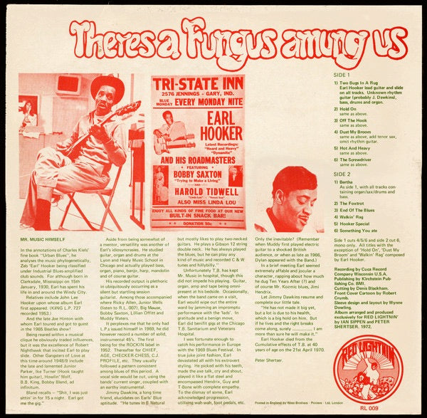 Image of Back Cover of 5113109C: LP - EARL HOOKER, There's A Fungus Among Us (Red Lightnin'; RL 009, UK 1972 Reissue, Robert Crumb Slv, Red Lightnin' Labels With Stereo Tag.) Edge wear, age discolouring.  VG/VG