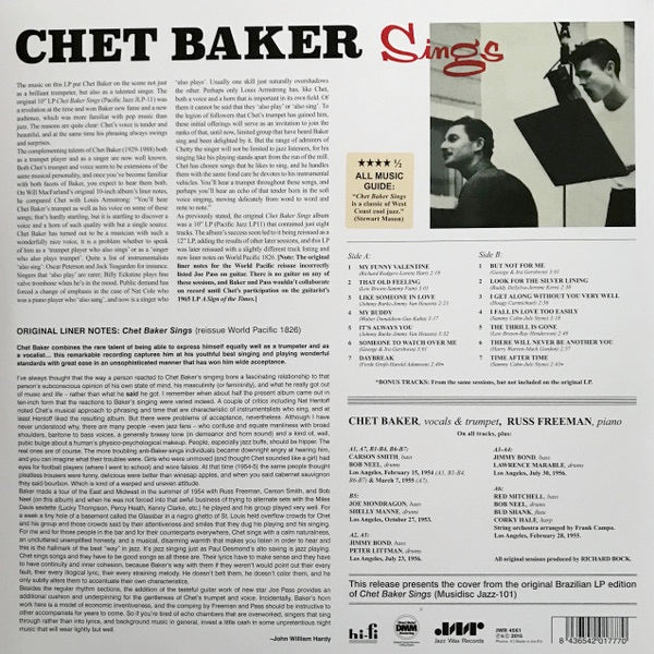 Image of Back Cover of LP - NEW/NEW - CHET BAKER, Chet Baker Sings (Jazz Wax Records; JWR4561, Europe 2015 Reissue), ,  - 3536197E