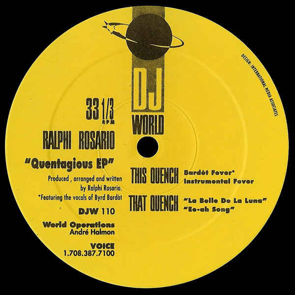 Image of Front Cover of 12" - /VG+ - RALPHI ROSARIO, Quentagious EP (D.J. World Records; DJW 110, US 1992, Plain Sleeve), Only few superficial marks., A1 - Bard t FeverA2 - Instrumental FeverAA1 - La Belle De La LunaAA2 - Ee-Ah Song - 2446113S