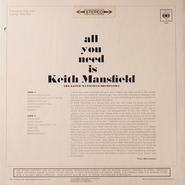 Image of Back Cover of 4844515S: LP - KEITH MANSFIELD, All you Need is (CBS Orange (33 1/3 On Label); 63426, UK 1968, Laminated Sleeve, Stereo) Light edge and ringwear, price sticker residue, a few marks on back cover.   VG/VG