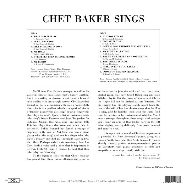 Image of Back Cover of LP - VG/VG+ - CHET BAKER, Chet Baker Sings (Dol; DOL797hg, Europe 2017 Reissue, Gatefold, 180 Gram Vinyl), date written on back cover,  - 3646075S