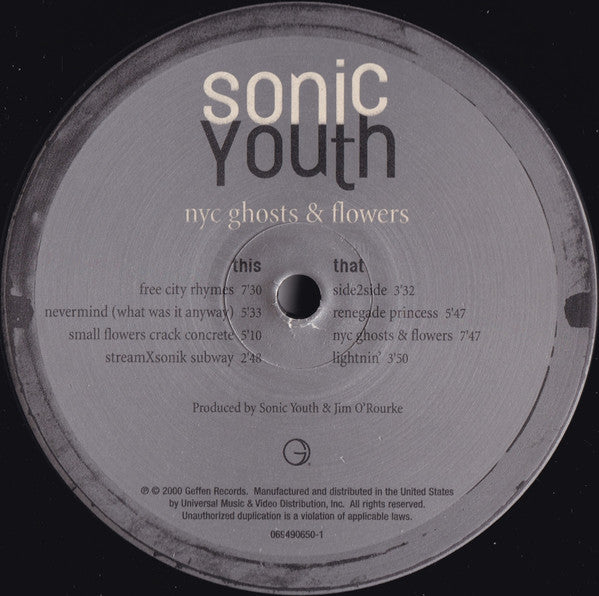 Image of Label Cover of 0125442E: LP - SONIC YOUTH, NYC Ghosts and Flowers (Geffen; 069460650, US 2000, Insert) Sleeve has a tiny bit of ringwear and some creases to spine. Sleeve has a couple of light hairlines.   VG/VG+