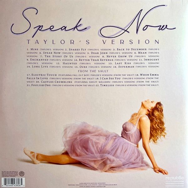 Image of Back Cover of 3xLP - VG+/VG+ - TAYLOR SWIFT, Speak Now (Taylor's Version) (Republic Records; 2448438065, Worldwide 2023, Gatefold, 3 Inners, Violet Marbled Vinyl), Light scuffs to sleeve. ,  - 2326336E
