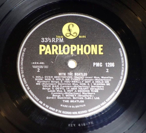 Image of Back Cover of 5223136E: LP - THE BEATLES, With The Beatles (Parlophone Black/Yellow; PMC 1206, UK 1963, Flipback G & L Sleeve, Mono - 2nd Press/Belinda Pub, Parlophone Co On Rim, 'You Really Gotta Hold On Me' on Sleeve, 'Got a' on Label, K/T Tax Code) Tears All Down Sleeve Opening, Company Inner  G/G