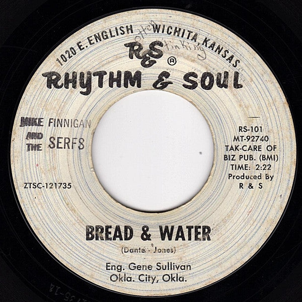 Image of Front Cover of 0124019E: 7" - MIKE FINNIGAN AND THE SERFS, Bread & Water / Help Me Somebody (Rhythm & Soul; RS-101, US 1965, Band Name Stamped On Labels) A-Side Plays Strong VG  /G+