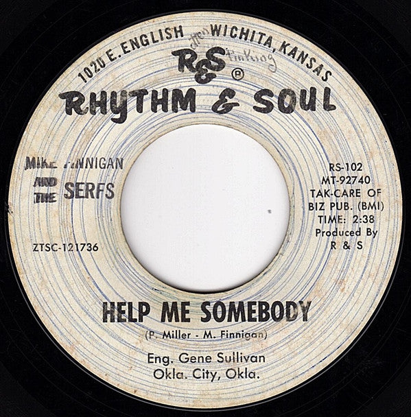 Image of Back Cover of 0124019E: 7" - MIKE FINNIGAN AND THE SERFS, Bread & Water / Help Me Somebody (Rhythm & Soul; RS-101, US 1965, Band Name Stamped On Labels) A-Side Plays Strong VG  /G+