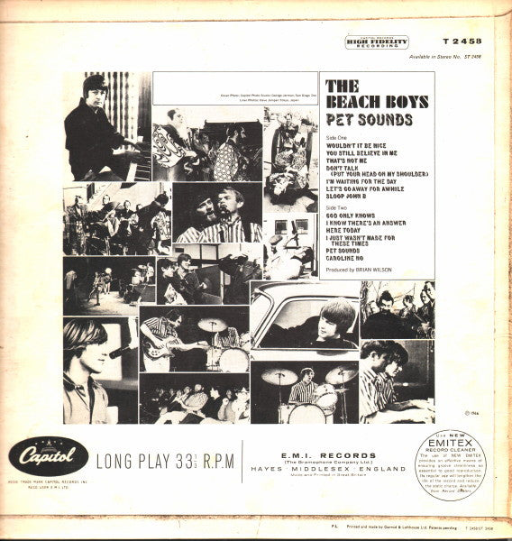 Image of Back Cover of LP - G+/G+ - THE BEACH BOYS, Pet Sounds (Capitol Colorband, Logo on Left of Label; T2458, UK 1966, Flipback Sleeve, Mono), Edge and ring wear, a few marks on sleeve, laminate creases. Disc plays all the way through with surface noise.,  - 3746410S