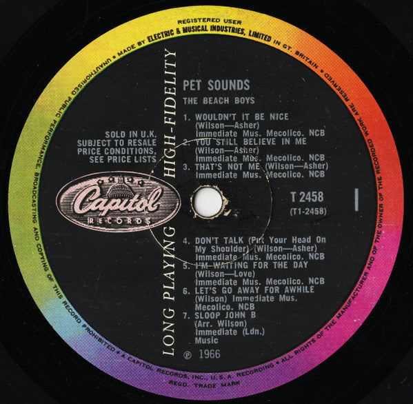 Image of Label Cover of LP - G+/G+ - THE BEACH BOYS, Pet Sounds (Capitol Colorband, Logo on Left of Label; T2458, UK 1966, Flipback Sleeve, Mono), Edge and ring wear, a few marks on sleeve, laminate creases. Disc plays all the way through with surface noise.,  - 3746410S