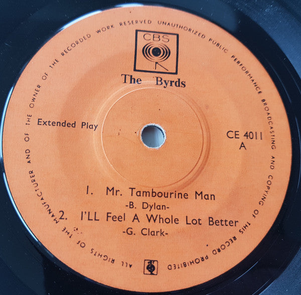 Image of Label Cover of 0124077E: 7" EP - THE BYRDS, Mr. Tambourine Man (CBS; CE 4011, Singapore 1968, Picture Sleeve) Strong VG, Tape damage To Top And Bottom Of Front Sleeve - Top "Repaired" With Black Ink, Tippex On Rear Sleeve, Sleeve Creased  G/VG