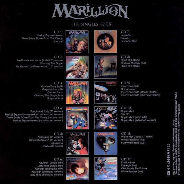 Image of Back Cover of 12xCD - VG/VG+ - MARILLION, The Singles '82-88' (EMI; 888 6672, UK & Europe 2000, Box Set), Sticker Damage To Box, Marks On Disc 4,  - 2156124S