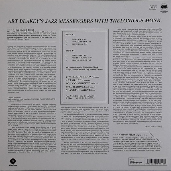 Image of Back Cover of 1854212S: LP - ART BLAKEY'S JAZZ MESSENGERS WITH THELONIOUS MONK, Art Blakey's Jazz Messengers With Thelonious Monk (WaxTime; 771677, Europe 2010 Reissue, 180 Gram Vinyl)   NEW/NEW